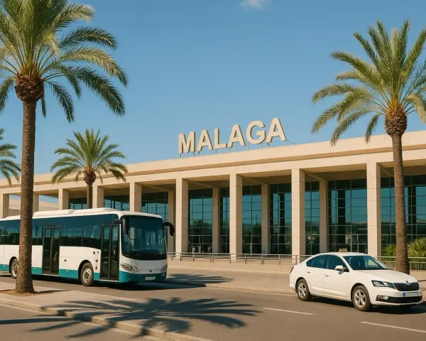 Autobus i biały samochód przed budynkiem lotniska Malaga. Idealne miejsce na rozpoczęcie podróży i tanie malaga loty.