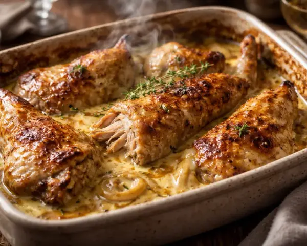 Un plat de lapin au four, doré et fumant, baignant dans une sauce crémeuse aux herbes.