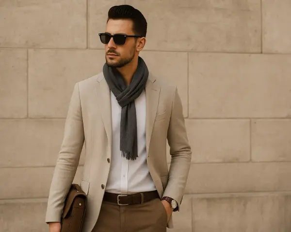 Uomo con blazer beige, sciarpa grigia e occhiali da sole. Un look elegante chic per un dress code uomo.