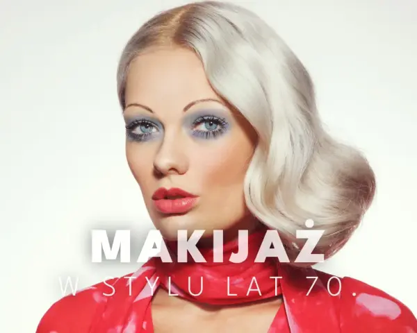 Kobieta z blond falowanymi włosami i wyrazistym makijażem oczu w stylu lat 70. Czerwona apaszka i sukienka.