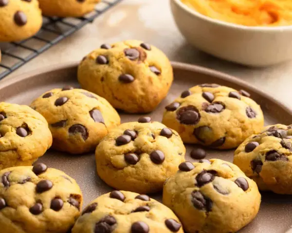 Saftige Schoko-Cookies, perfekt für jedes Cookies Rezept. Auf einem Teller und Gitterrost arrangiert, mit einer Schüssel Kürbispüree im Hintergrund.
