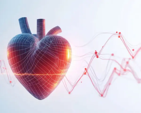 Graficzna wizualizacja serca z liniami EKG i pulsu.