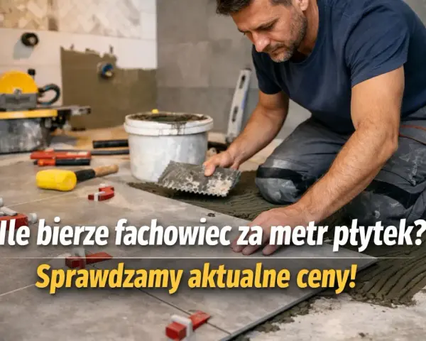Fachowiec układa płytki, sprawdzamy, ile kosztuje kładzenie płytek za metr. Narzędzia i materiały budowlane w tle.