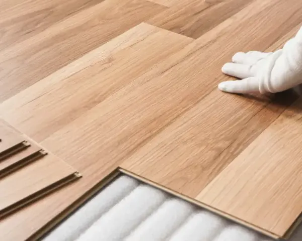 Instalación de suelo laminado. Mano con guante blanco colocando una tabla. Consulta el precio colocacion suelo laminado.