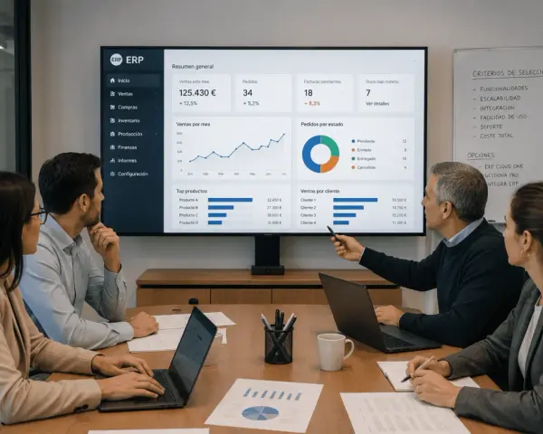 Equipo revisa métricas de ventas en pantalla, discutiendo opciones de proveedores de software ERP.