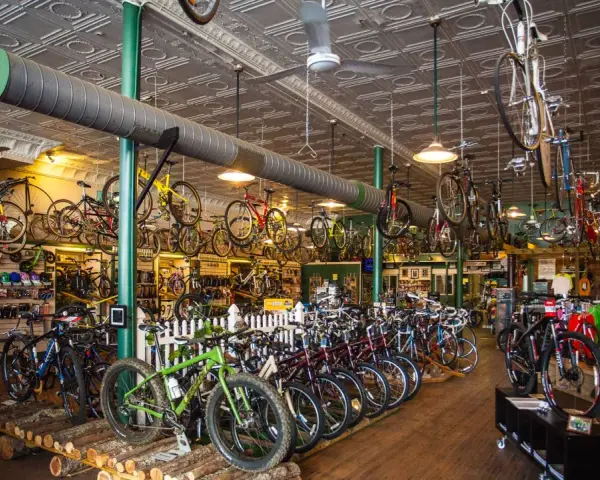 A bike shop interior, showcasing a wide selection of bicycles, from road bikes to mountain bikes, offering advice on how to choose a mountain bike.