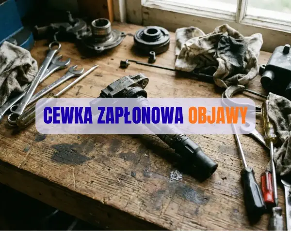 Narzędzia i części samochodowe na drewnianym stole. Widoczna cewka zapłonowa objawy awarii.