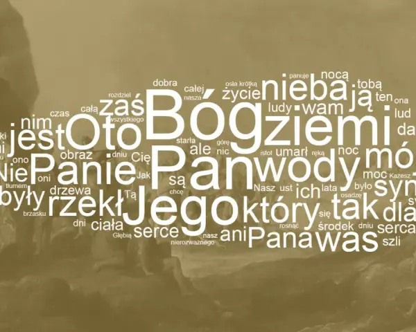 Słowa z Psalmu 148 tworzą chmurę, gdzie "Oto Bóg ziemi" i "Pan wody" dominują. W tle widać fragmenty malowidła.