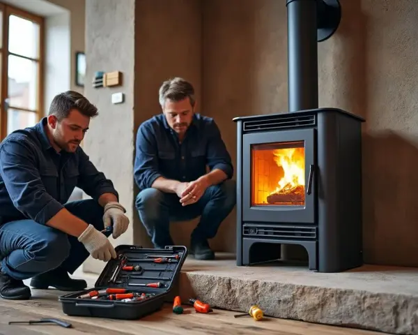 Deux hommes travaillent sur un poêle Invicta allumé, avec une boîte à outils ouverte.