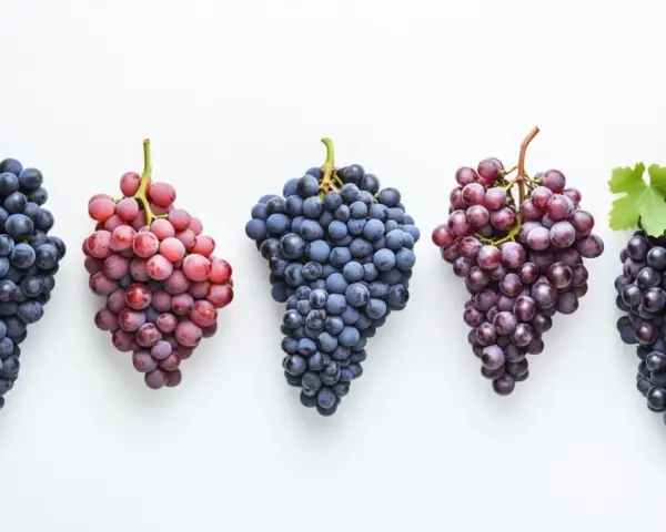 Cinq grappes de raisins, bleus et rouges, posées sur fond blanc. Le pinot noir est-il un vin rouge ? Ces raisins bleus foncés pourraient bien le confirmer.