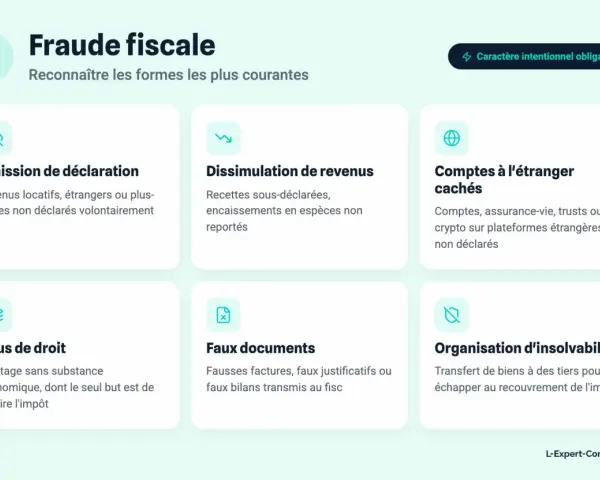 Infographie sur la fraude fiscale, détaillant ses formes courantes : omission de déclaration, dissimulation de revenus, comptes à l'étranger cachés, abus de droit, faux documents, organisation d'insolvabilité.