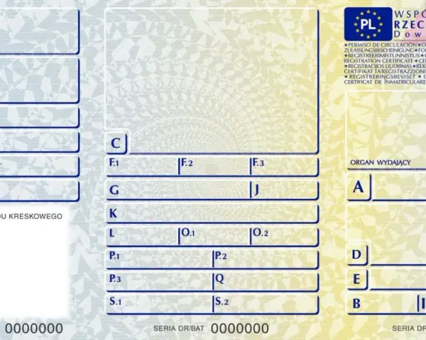 Dowód rejestracyjny z oznaczeniami pojazdu, jego przeznaczenia i danych technicznych. Widoczne pola na wpisanie informacji.