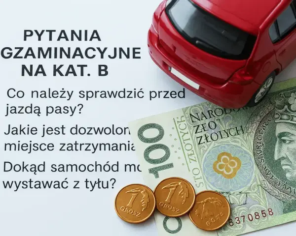 Pytania egzaminacyjne na kat. B, czerwony samochodzik, banknot 100 zł i grosze. Zastanawiasz się nad kurs prawa jazdy cena?