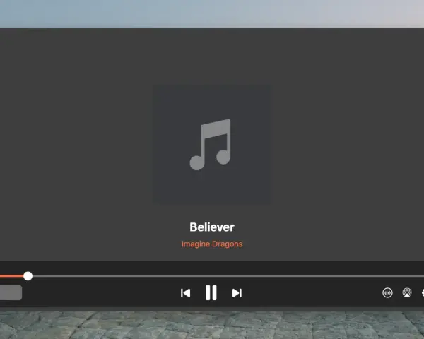 Aplikacja do słuchania muzyki odtwarza "Believer" Imagine Dragons. Widoczny jest pasek postępu i przyciski sterowania.