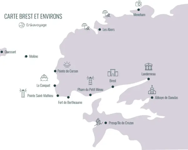 Carte stylisée de Brest et ses environs, montrant des lieux comme Ouessant, Molène, Le Conquet, Brest, et la Presqu'île de Crozon.
