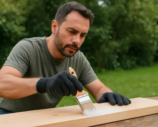 Uomo con guanti applica una mano di vernice bianca su un asse di legno grezzo, un passo essenziale nel trattamento legno grezzo per proteggerlo e abbellirlo.