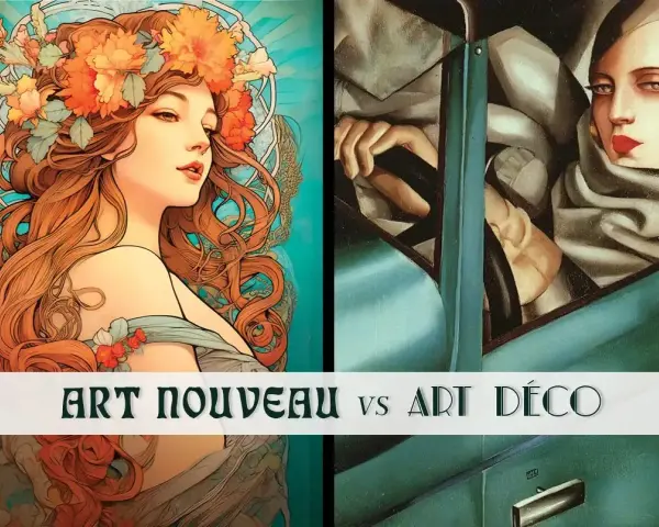 Comparaison entre l'art nouveau et l'art déco : une femme à la couronne de fleurs et une autre au volant d'une voiture.