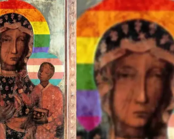 Obraz Matki Boskiej z Dzieciątkiem w tęczowej aureoli i z symbolem osób transpłciowych. Czy to wino Maryjka ile procent?