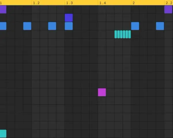 Ein bunter **drill drum pattern** mit vielen Noten. Kick, Snare und Hi-Hat sind zu hören.