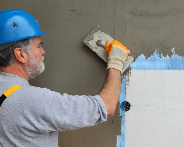 Budowlaniec w niebieskim kasku nakłada tynk na styropian. Prace nad fasadą, w tym suche tynki, postępują.