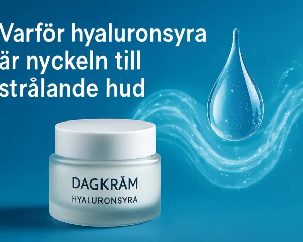 En burk dagkräm med texten "Hyaluronssyra" bredvid en stor vattendroppe. Texten ovanför lyder: "Varför hyaluronsyra är nyckeln till strålande hud".