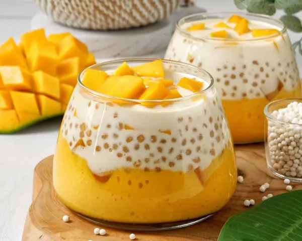 Pyszny deser z tapioki z mango, idealny na upalne dni. Prosty przepis na tropikalną rozkosz.