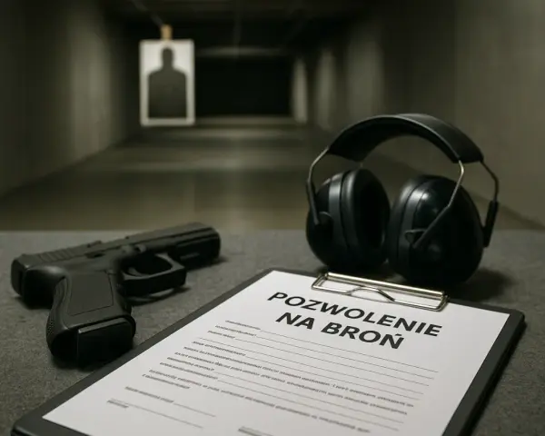 Pistolet, słuchawki i formularz "Pozwolenie na broń" na strzelnicy.