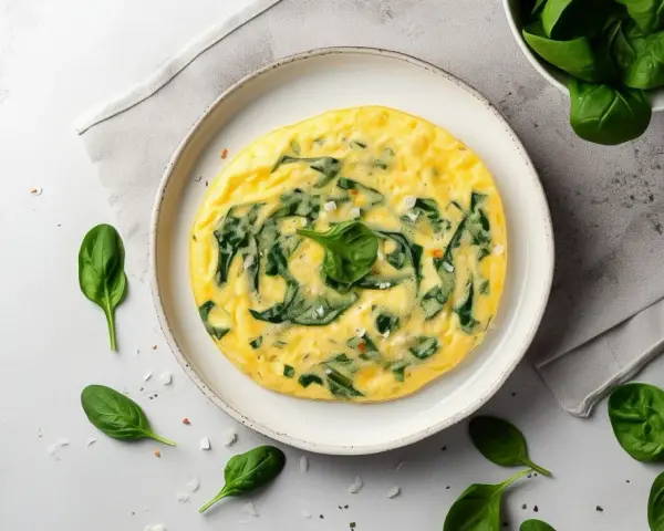 Delikatny omlet na parze ze szpinakiem, podany na talerzu, otoczony świeżymi liśćmi szpinaku i płatkami soli.