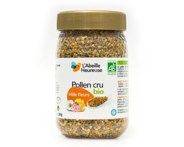Un pot de pollen cru mille fleurs bio de L'Abeille Heureuse, rempli de granules dorés et orangés.