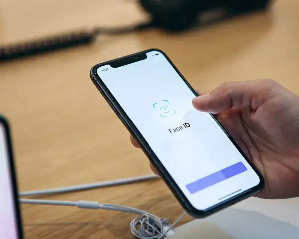 Dłoń trzyma smartfon, na ekranie którego wyświetla się komunikat "Face ID". Wygląda na to, że Face ID nie działa.