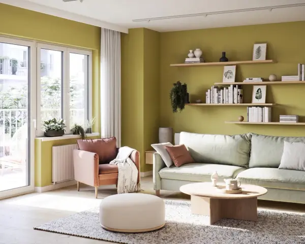 Jasnozielone kolory ścian do salonu tworzą przytulną atmosferę. Wygodna sofa i fotel zapraszają do relaksu.