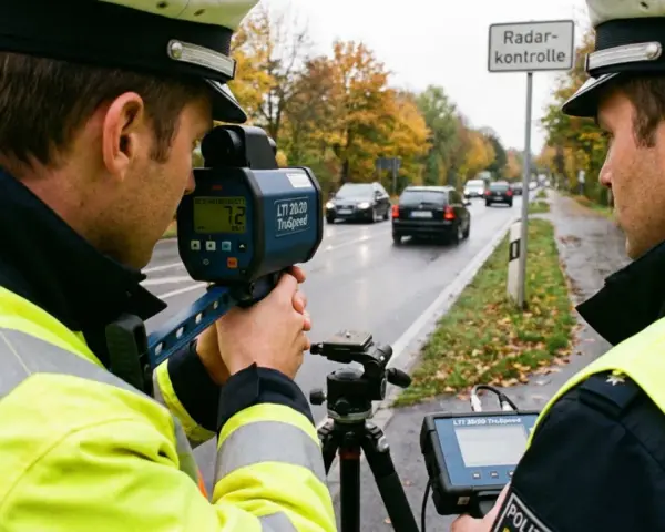 Polizisten mit Warnwesten und Kappen messen mit einem Laser-Blitzer die Geschwindigkeit vorbeifahrender Autos.