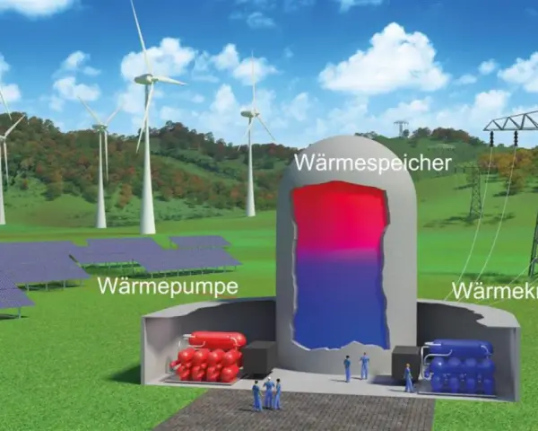 Windräder und Solarpaneele speisen einen Wärmespeicher, der thermische Energie für eine Wärmepumpe und ein Kraftwerk liefert.