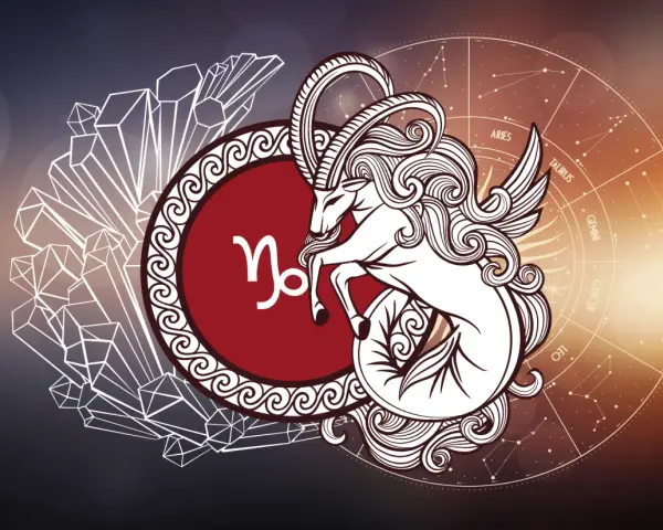 Symbol koziorożca, mityczne stworzenie z rybim ogonem i skrzydłami, na tle kryształów i koła zodiaku.