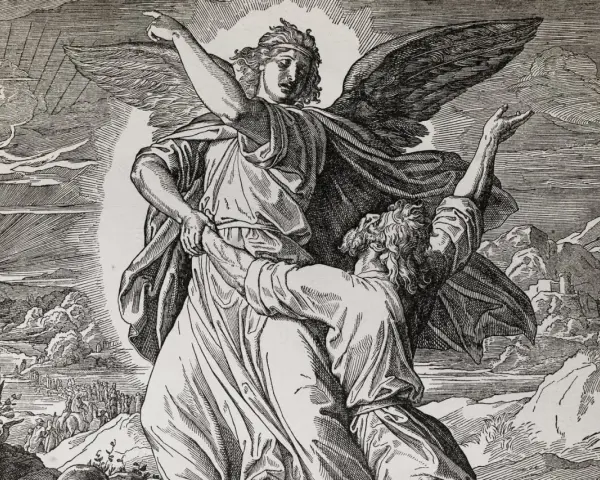 An angel wrestles with Jacob, who clings to him. This scene depicts why Jacob wrestled with God, a pivotal moment of spiritual struggle and transformation.