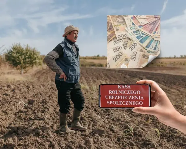 Rolnik na polu, smartfon z napisem "KASA ROLNICZEGO UBEZPIECZENIA SPOŁECZNEGO" i stos banknotów. Emerytura z KRUS.
