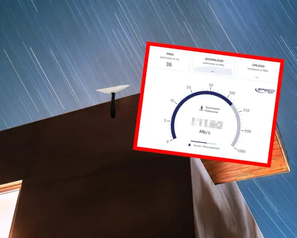 Antena satelitarna Starlink na dachu, obok ekran z testem prędkości internetu pokazującym 171 Mb/s.