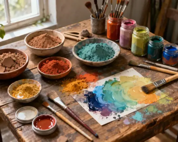 Pots de pigments colorés, pinceaux et palette de couleurs sur une table en bois, prêts pour une peinture fait maison.