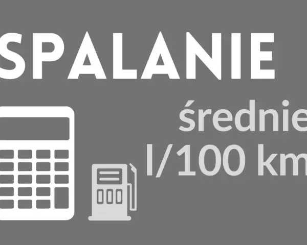 Biały kalkulator i dystrybutor paliwa na szarym tle, z napisem "SPALANIE średnie l/100 km".