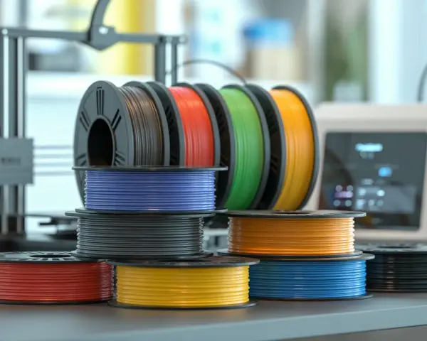 Spools of colorful 3D printer filament, including red, yellow, blue, black, orange, and green, are neatly stacked and arranged. These filaments are essential for creating the strongest 3D prints.