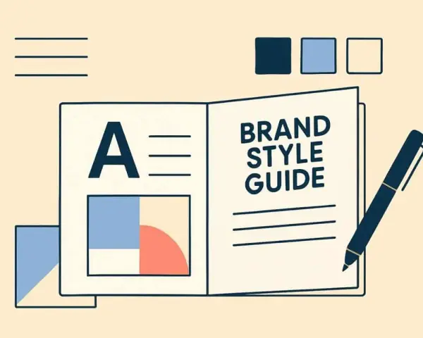 Guía de estilo de marca con la letra "A" y paletas de colores. Las reglas de escritura son claras en este manual.