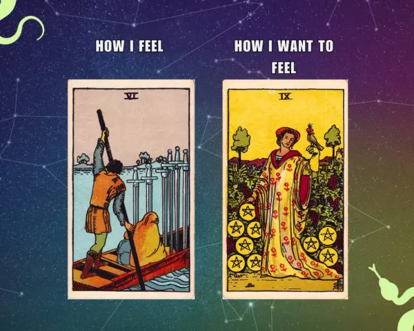 Dos cartas del tarot Rider: la Izquierda, "Cómo me siento", muestra el Seis de Espadas. La derecha, "Cómo quiero sentir", muestra el Nueve de Oros.