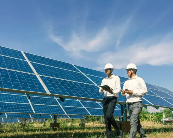 Deux hommes en casque blanc inspectent un champ de panneaux solaires, discutant d'un bail emphytéotique photovoltaïque sous un ciel bleu.