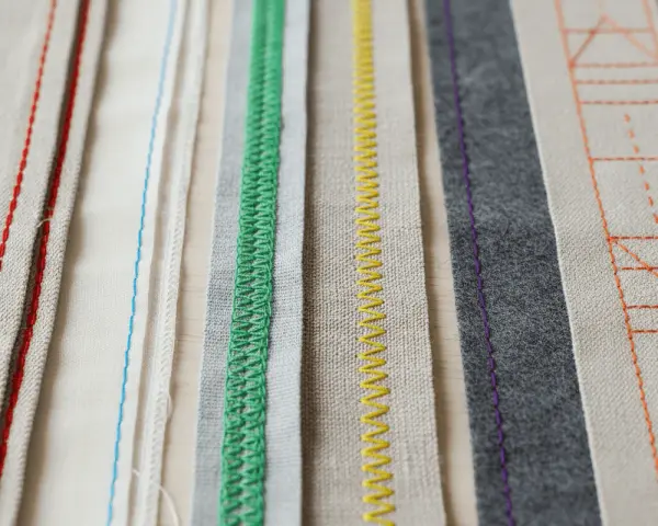 Bandes de tissus aux coutures variées : rouge, bleu, vert, jaune, violet et orange. Un aperçu de techniques de ruban couture.