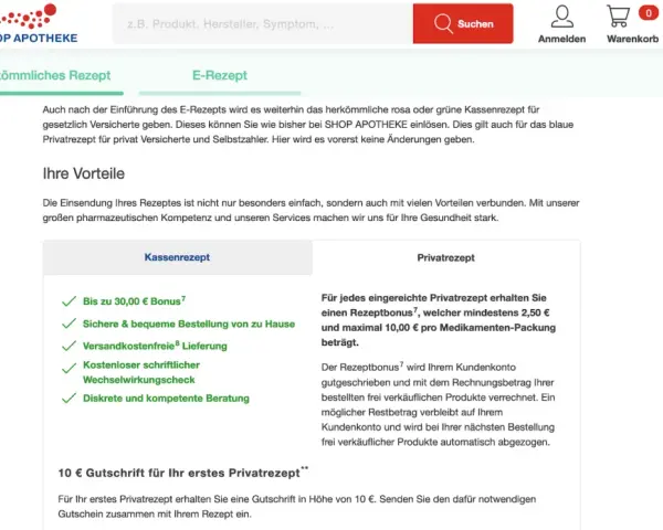 SHOP APOTHEKE Logo, Suchleiste, Warenkorb-Icon und zwei Rezept-Tabs: "Herkömmliches Rezept" und "E-Rezept".
