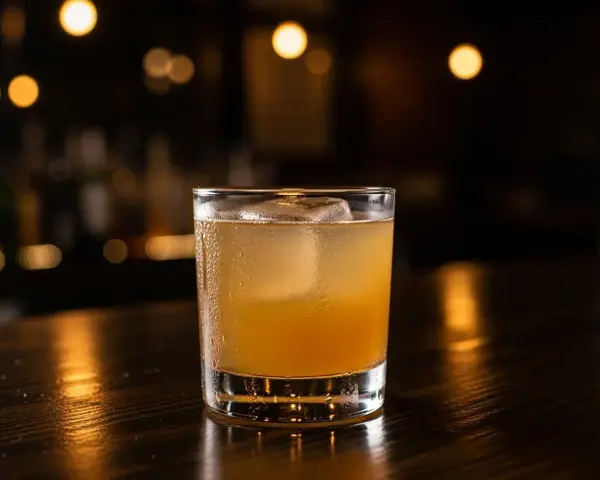 En iskall, gyllene drink med en stor isbit i ett glas på en mörk träyta. En perfekt spicy margarita för en kväll ute.