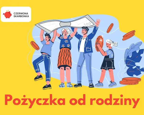 Rodzina świętuje pożyczkę od bliskich. Trzymają banknot i monety, symbolizując wsparcie finansowe.