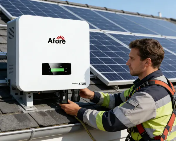 Instalator podłącza falownik 40kW do paneli słonecznych na dachu.