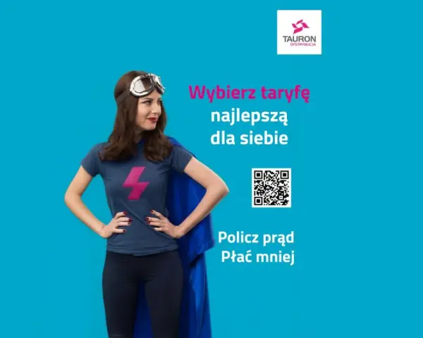 Superbohaterka z błyskawicą na koszulce zachęca do wyboru taryfy, by płacić mniej za prąd. Tani prąd dla każdego!