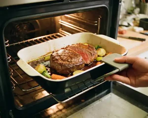 Un rosbeef juteux et ses légumes rôtissent dans un plat au four. La cuisson rosbeef est presque terminée, prêt à être dégusté.